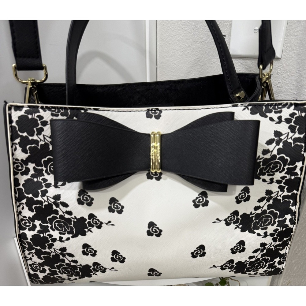 Betsey Johnson Black & White Floral Satchel Purse Large Bow Handbag